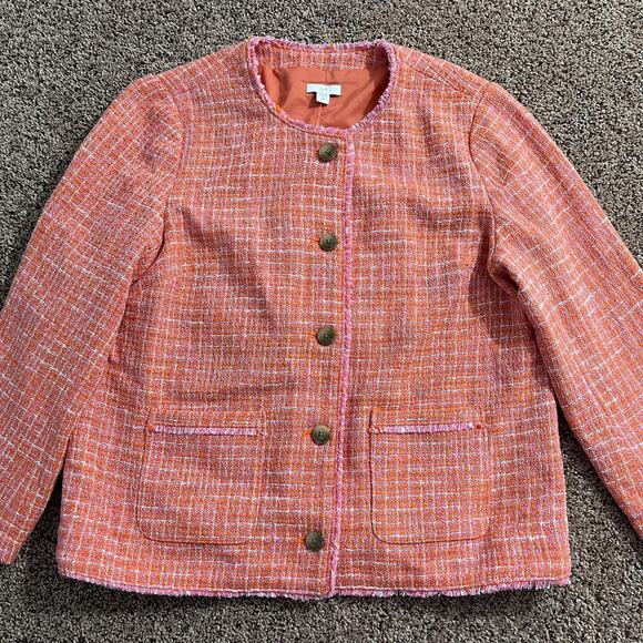 J. Jill Jacket Womens Medium Tall Orange Tweed Boucle Collarless Button Lined - Picture 1 of 10